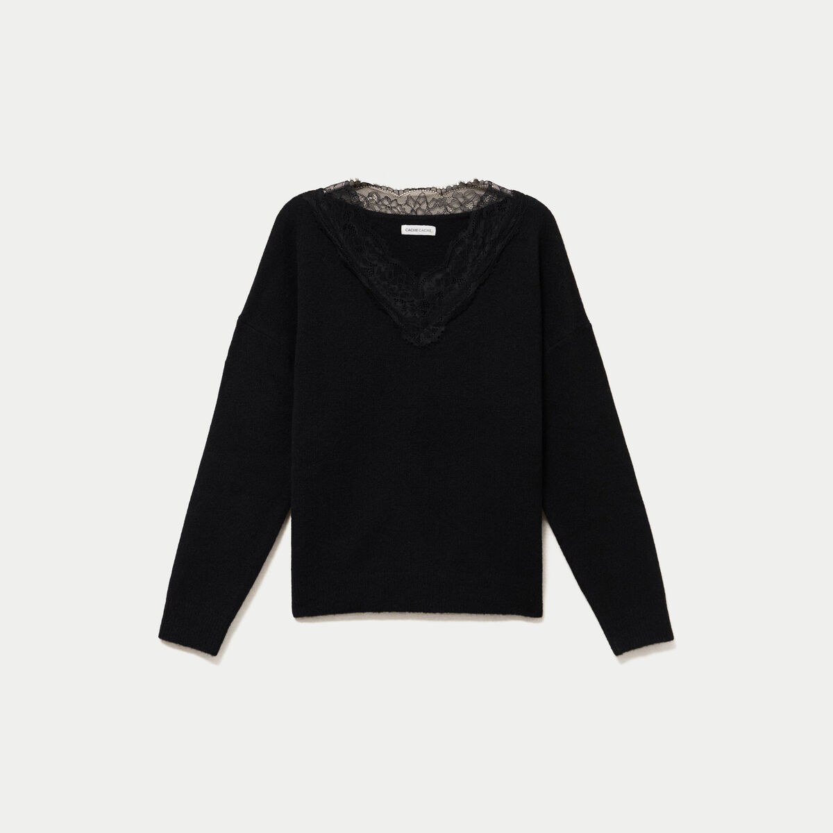 Pull col v manches longues dentelle noir femme