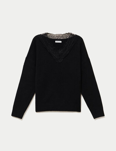 Pull col v manches longues dentelle noir femme