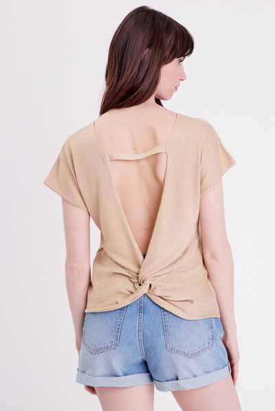 Pull col en V dos ouvert sable femme