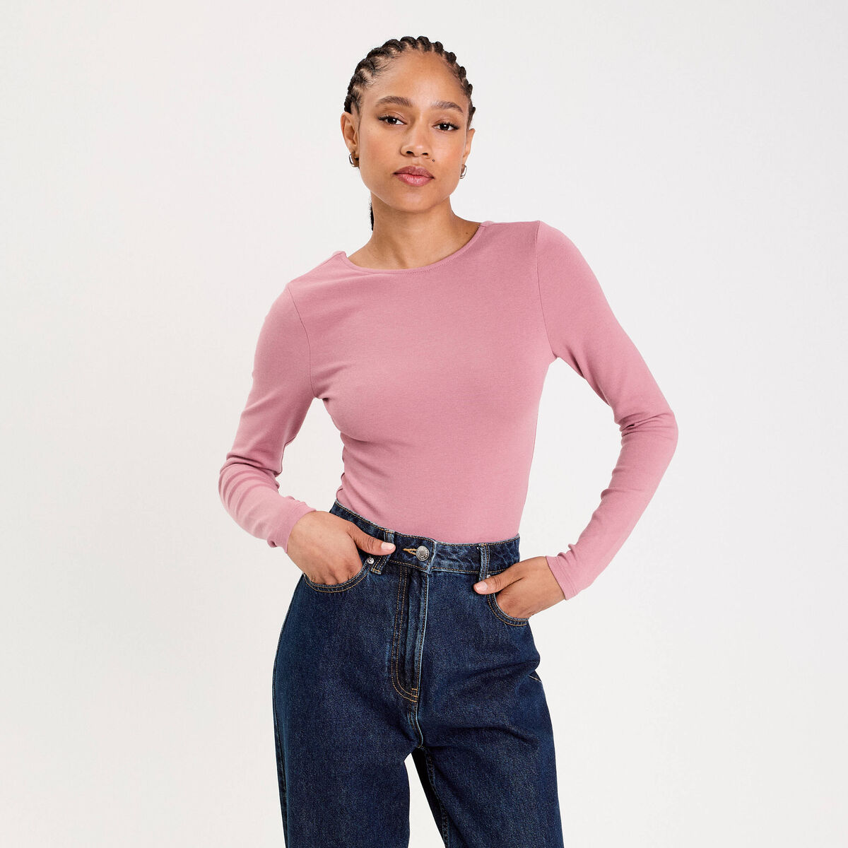 Body cintr&eacute; manches longues bateau vieux rose femme