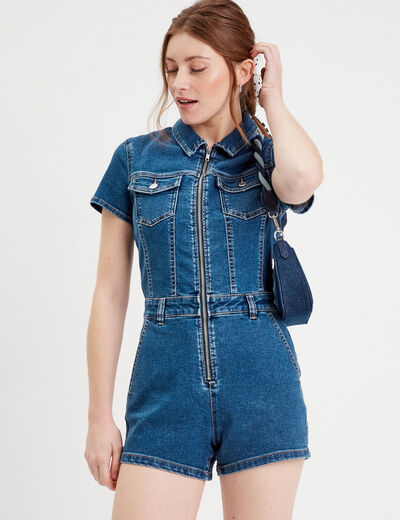 Combishort zippée en jean denim double stone femme