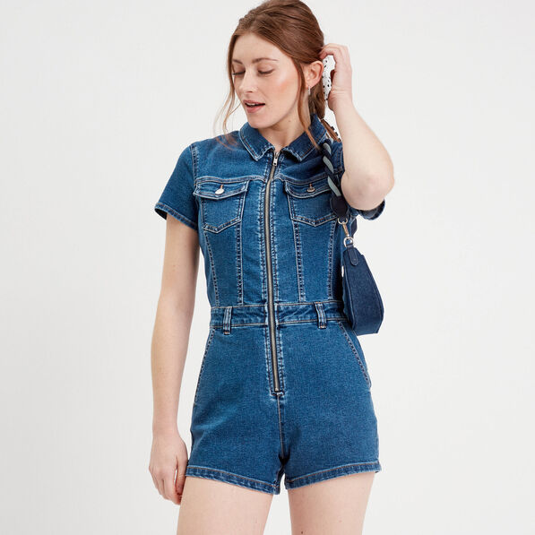 Combishort zippée en jean denim double stone femme