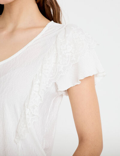 Blouse col v manches courtes dentelle ecru femme