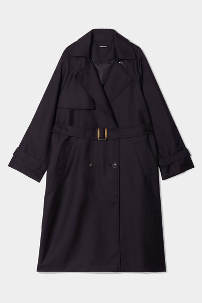 Trench long cintré ceinturé noir femme