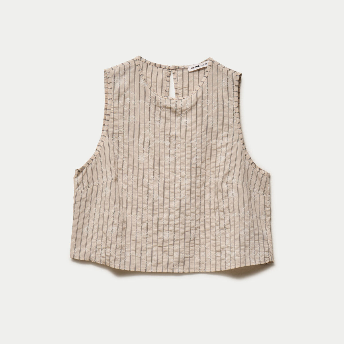 Top droit sans manches pliss&eacute; col rond creme femme