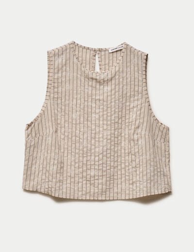 Top droit sans manches pliss&eacute; col rond creme femme
