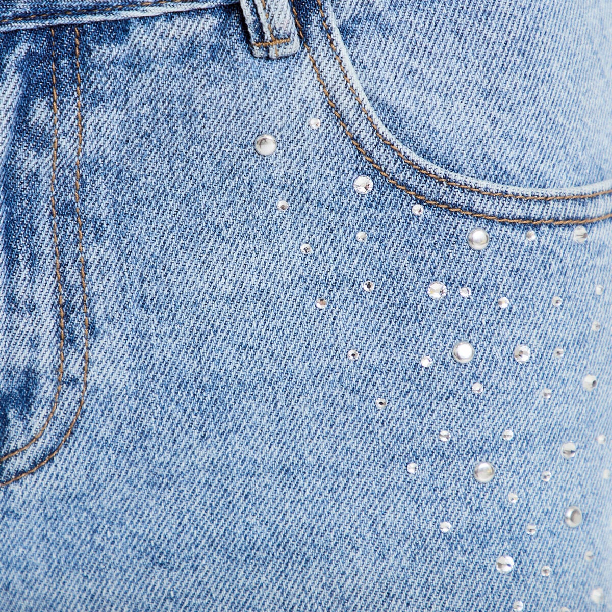 Jean wide leg taille basse strass denim triple stone femme