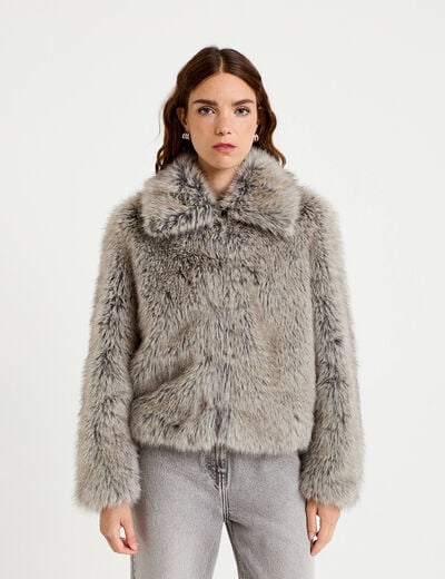 Veste courte en fausse fourrure gris clair femme