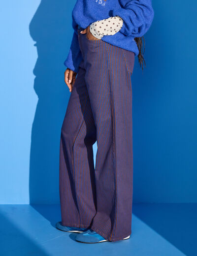Jean wide leg ray&eacute; taille haute bleu femme