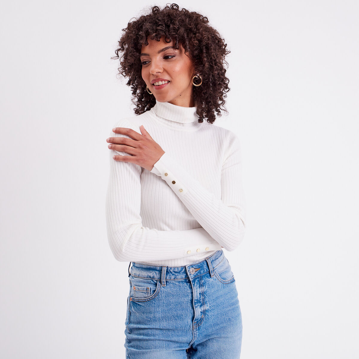 Pull col roulé côtelé ecru femme