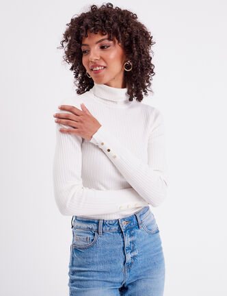 Pull col roulé côtelé ecru femme