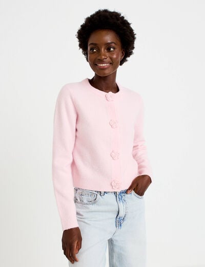 Gilet manches longues col rond rose clair femme