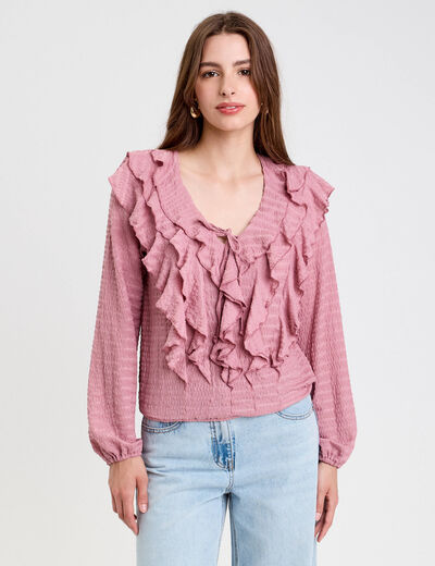 Blouse manches longues aspect dentelle vieux rose femme