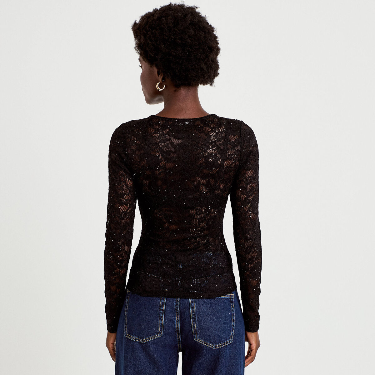 Top ajust&eacute; manches longues dentelle noir femme