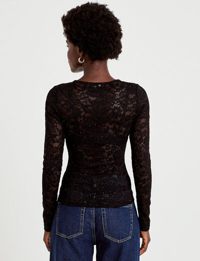 Top ajust&eacute; manches longues dentelle noir femme