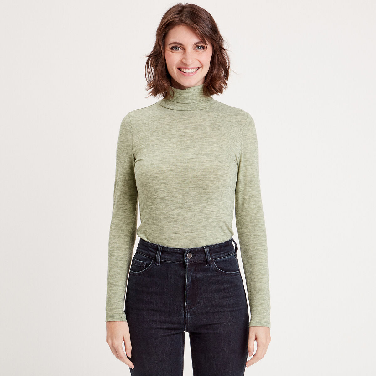 T-shirt col roulé vert kaki femme
