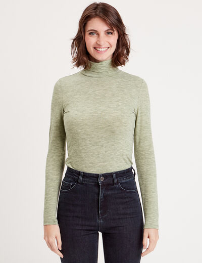 T-shirt col roulé vert kaki femme