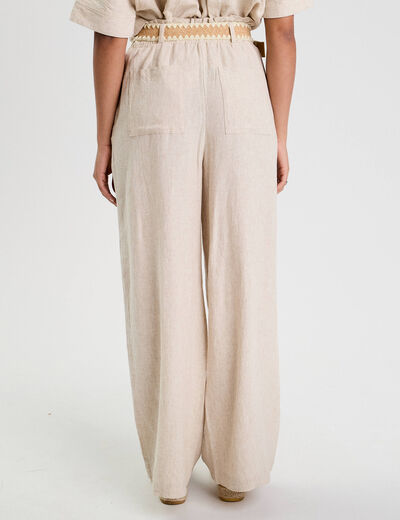 Pantalon large ceinturé contenant du lin beige femme