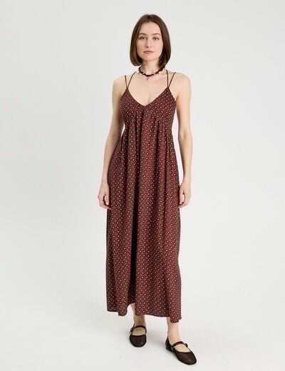 Robe longue évasée bretelles marron cognac femme