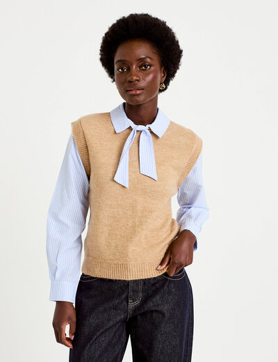 Pull fin 2-en-1 manches longues beige femme