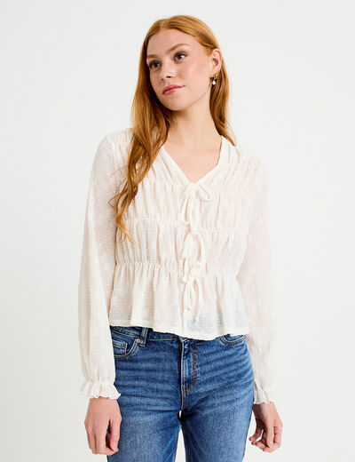 Blouse ajust&eacute;e col v dentelle pliss&eacute;e ecru femme