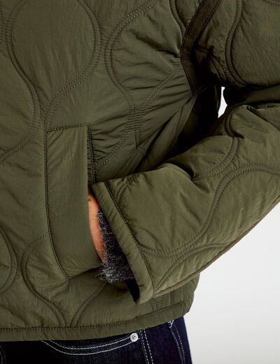 Veste droite &agrave; capuche manches longues vert kaki femme
