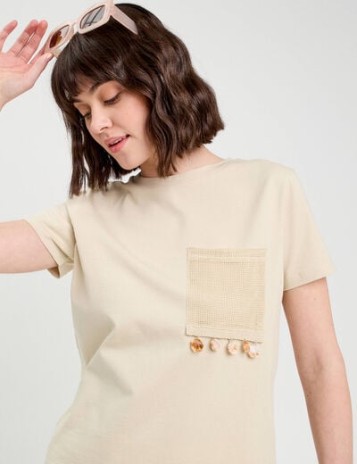 T-shirt poche détails bijoux beige femme