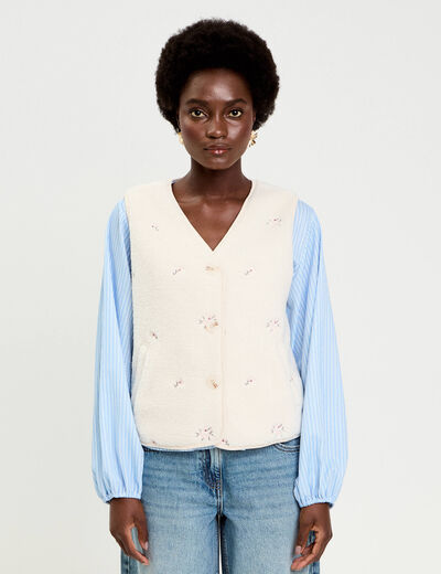 Gilet sans manches brod&eacute; effet polaire blanc femme