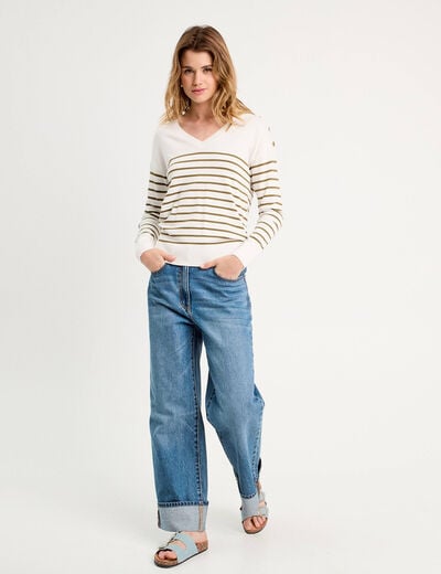 Pull manches longues col en V vert olive femme