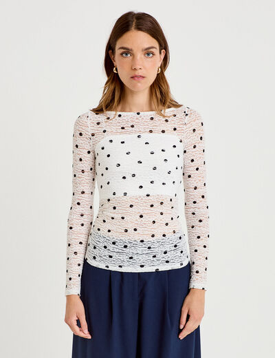 Top dentelle pliss&eacute; col bateau blanc femme