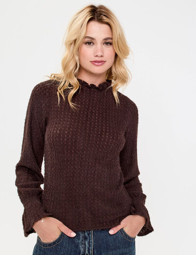 Blouse ajour&eacute;e manches longues marron fonc&eacute; femme