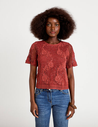 T-shirt manches courtes aspect dentelle vieux rose femme