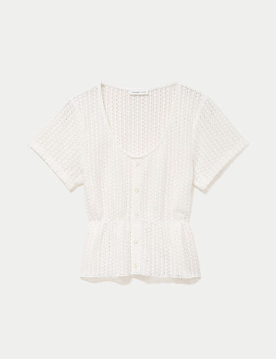 Top crochet manches courtes ecru femme