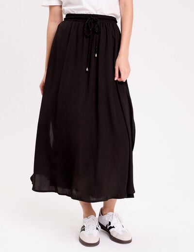 Jupe longue &eacute;vas&eacute;e satin noir femme