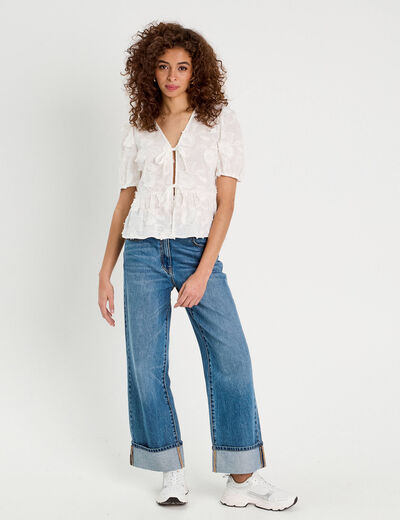 Blouse manches courtes noeuds ecru femme