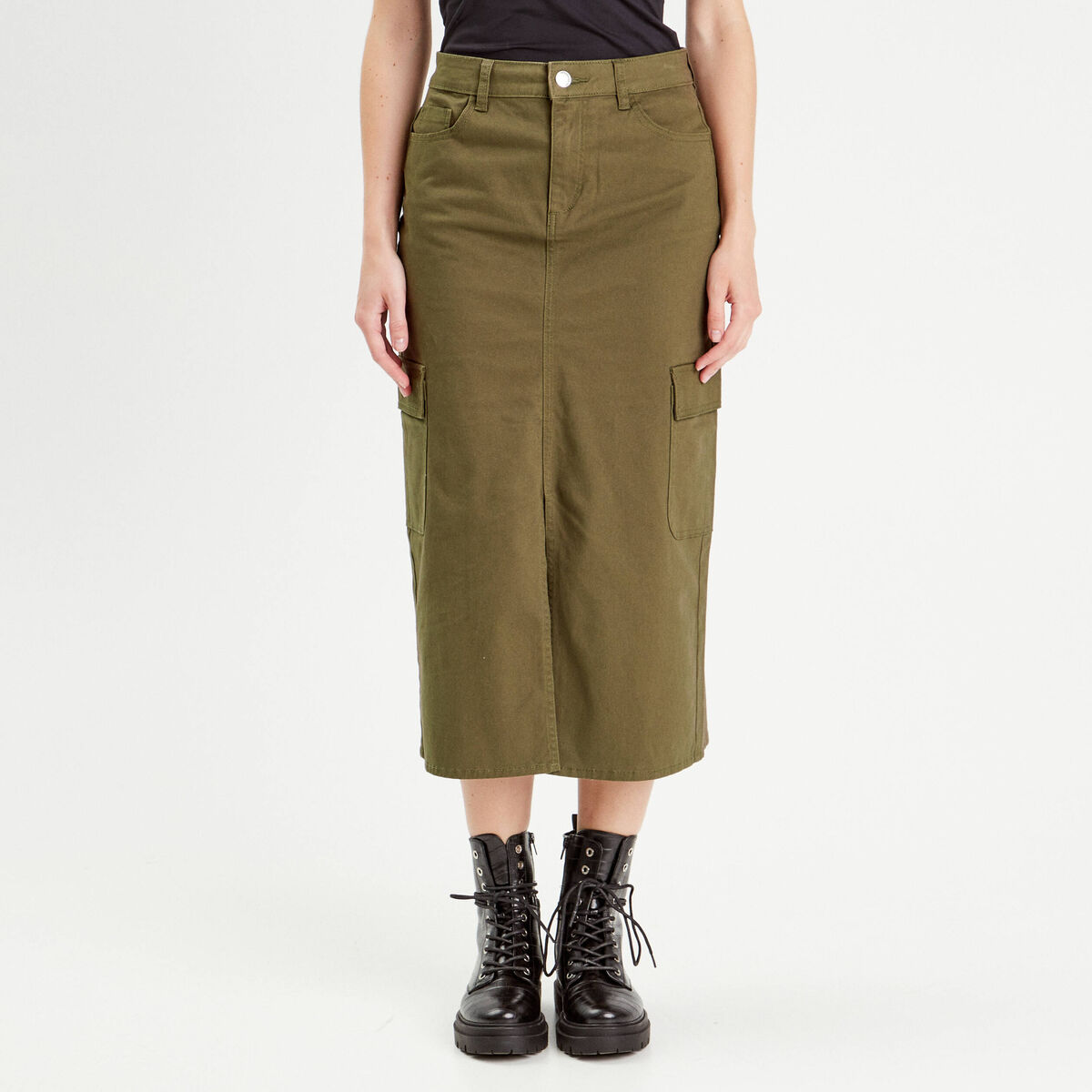 Jupe midi droite poches rabats vert foncé femme