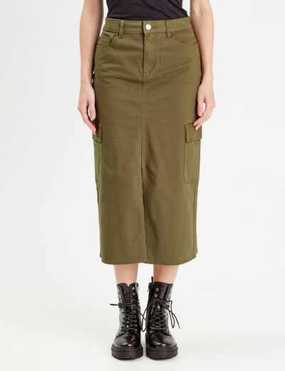 Jupe midi droite poches rabats vert foncé femme