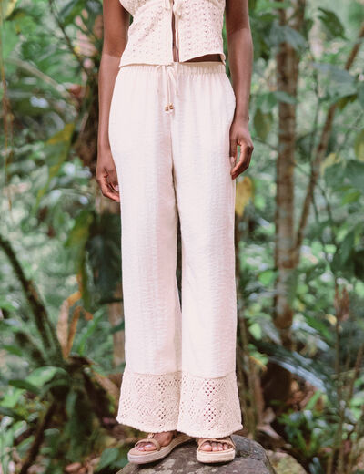 Pantalon large bi-mati&egrave;re pliss&eacute; ecru femme
