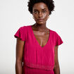 Robe longue droite col v manches courtes rouge femme