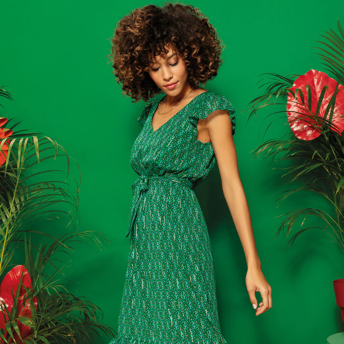 Robe longue évasée ceinturée vert femme