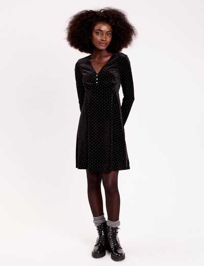 Robe patineuse courte velours col v noir femme