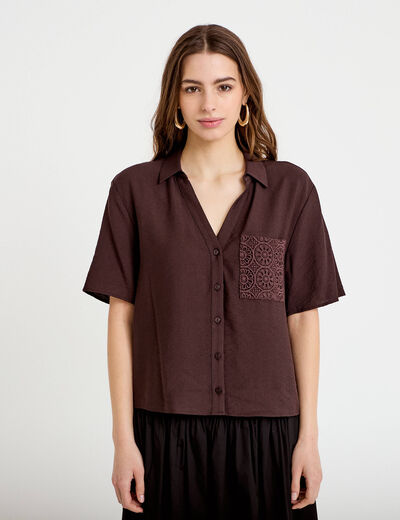 Chemise droite cropped manches courtes marron fonc&eacute; femme