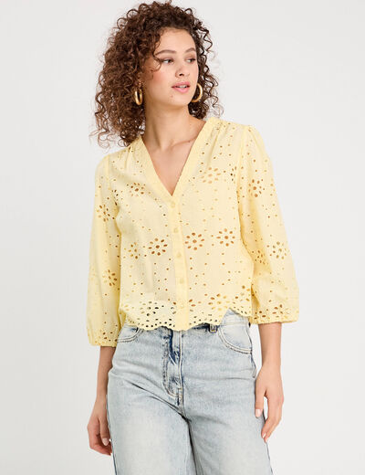 Blouse broderie anglaise jaune clair femme