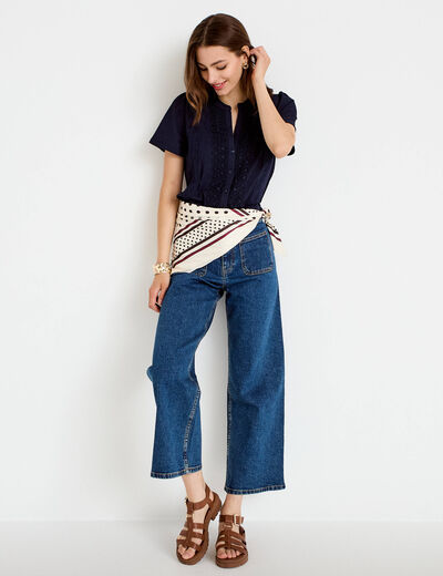 Blouse plastron brod&eacute; manches courtes bleu marine femme