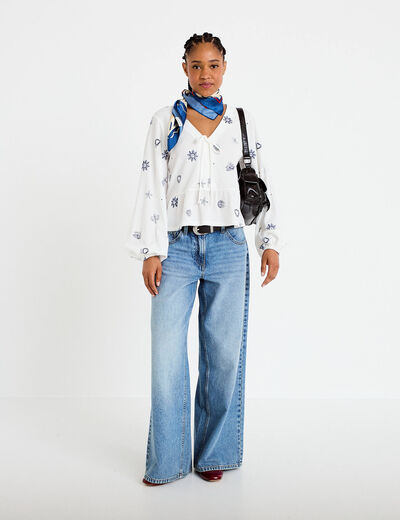 Blouse cintr&eacute;e col v manches longues blanc femme