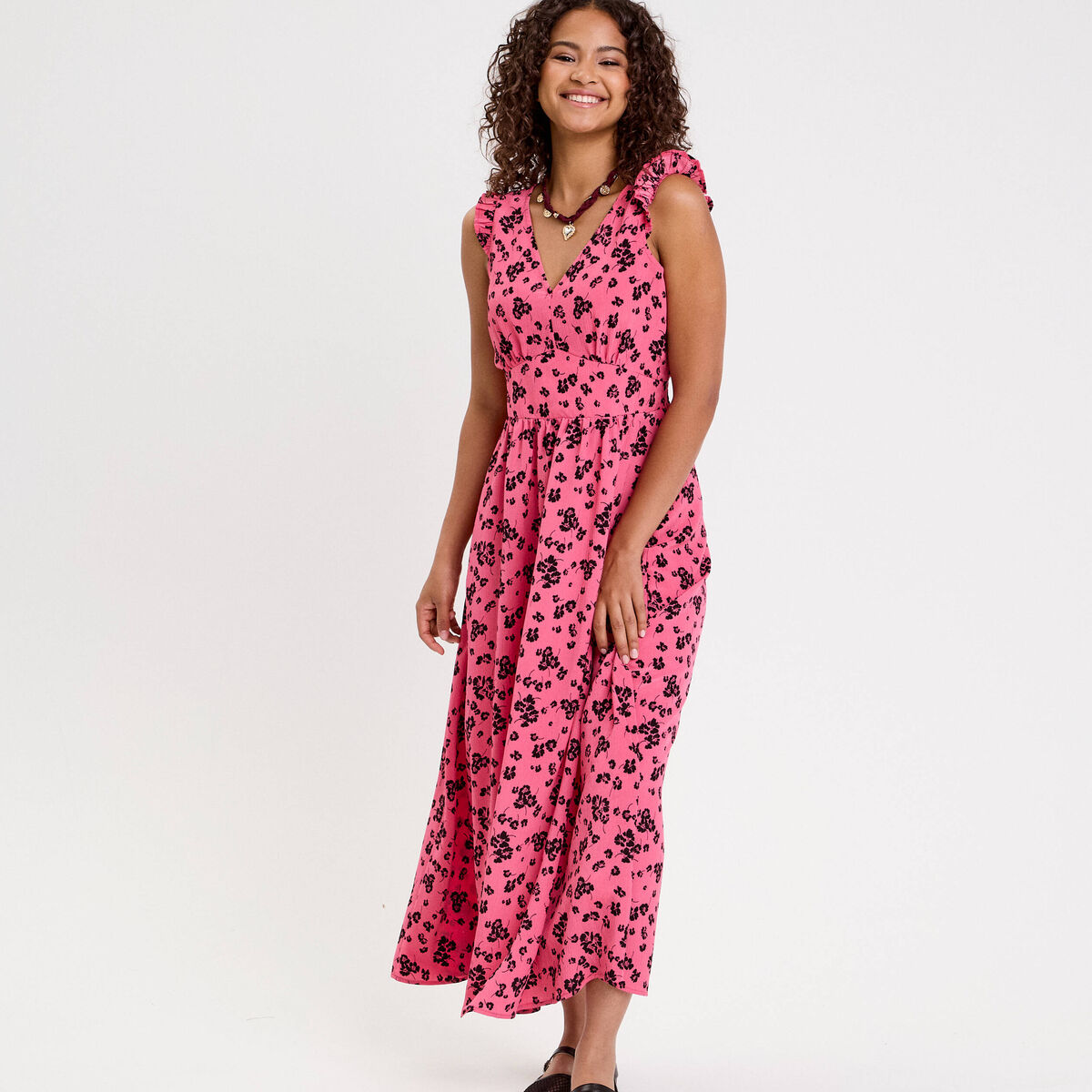 Robe longue &eacute;vas&eacute;e col v sans manches rose femme