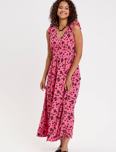 Robe longue évasée col v sans manches rose femme