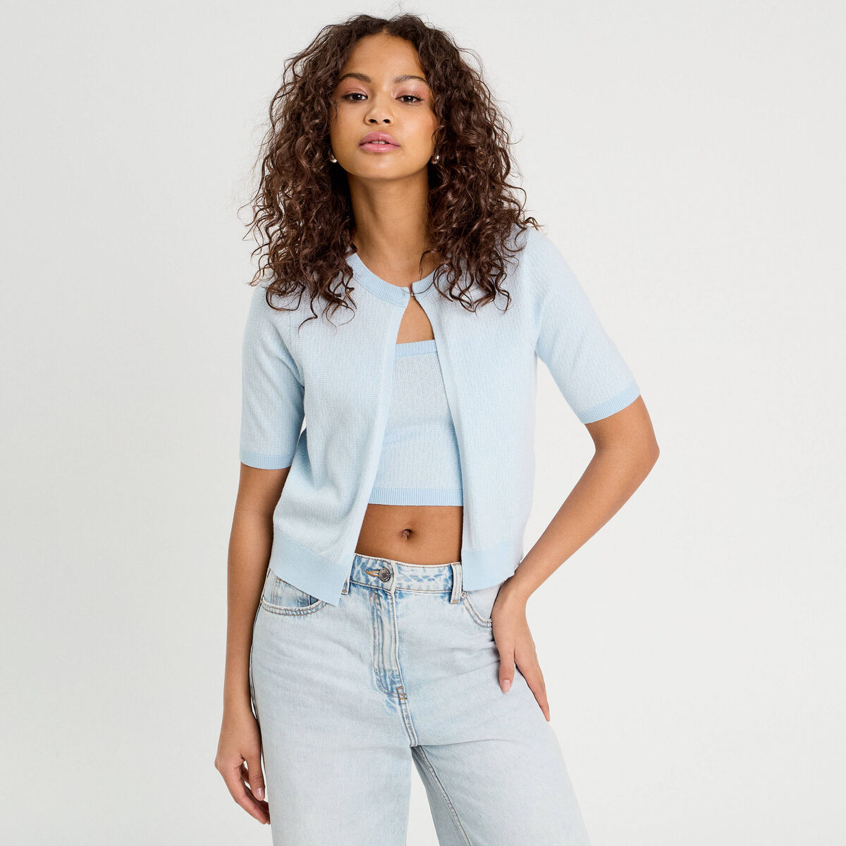 Ensemble gilet et bustier bleu clair femme