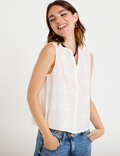 Chemise droite sans manches &agrave; relief ecru femme