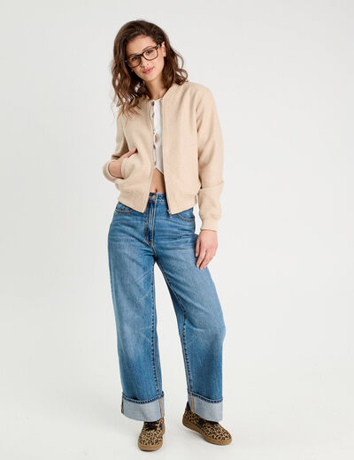 Veste teddy zippée beige femme